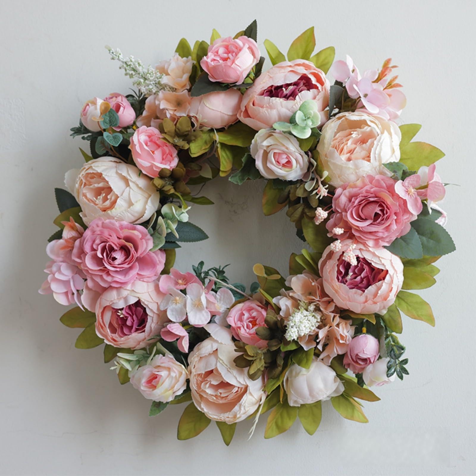 Künstlicher Pfingstrosen Türkranz in Rosa & Weiß, 45cm Blumenkranz für Haustür, Wand, Bauernhaus, Frühling Sommer, Innen & Außen, Hochzeitsdekoration