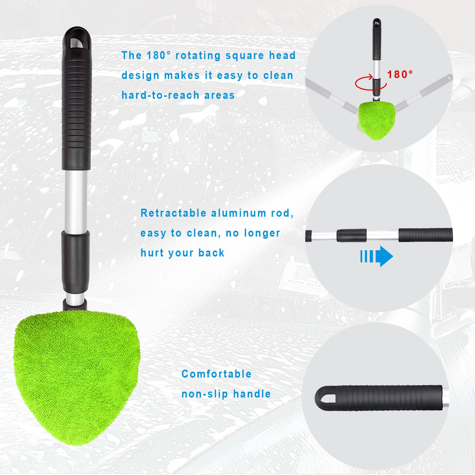 Ziciner Limpiador de parabrisas de automóvil, limpiaparabrisas de microfibra con mango extensible de aluminio y 2 cabezales de almohadilla de tela reutilizables lavables, kit de limpiador universal
