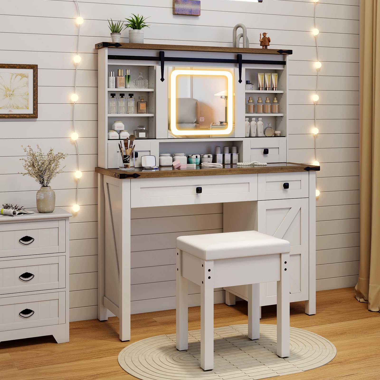 Toeletta Con Specchio LED, 3 Colori Luce, 4 Cassetti E 3 Ripiani Nascosti, Bianco - Multifunzione (trucco E Comodino)