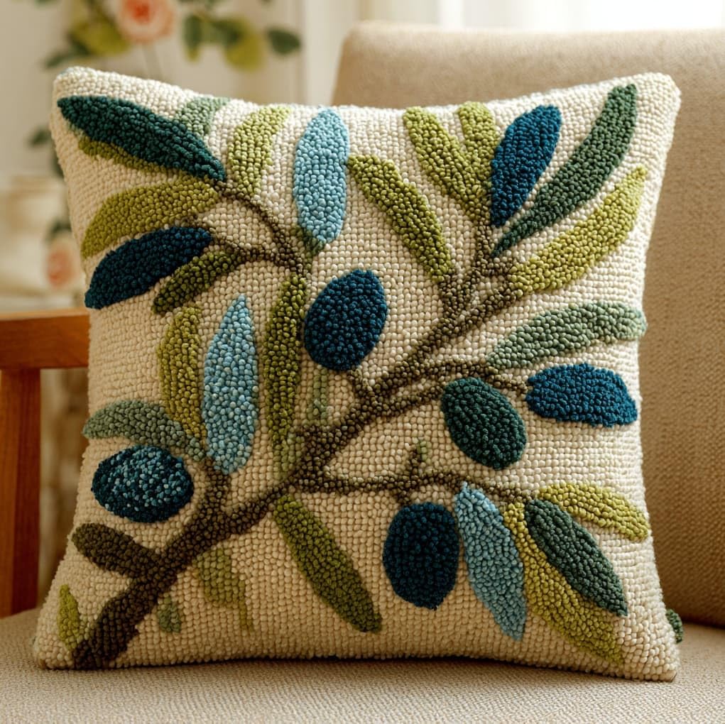 WallustrioaW Latch Hook Kits Pillowcase Embroidery Kit,Simple Branches,Latch Hook Cushion Cover for Adults and Beginners,Pillow Cover Sofa Cushion Craft,43x43cm