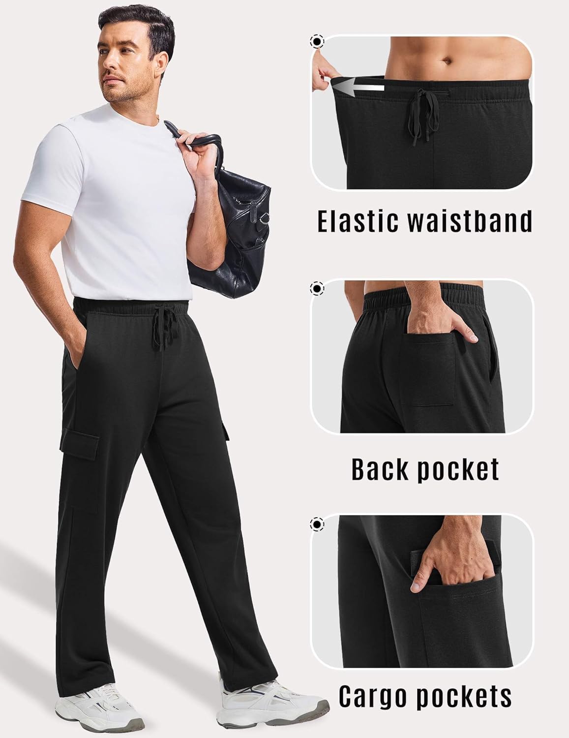 PINSPARK Men's Cargo Sweatpants with Pockets Open Bottom Baggy Cotton Jogger Sweatpants Uncuffed Lounge Pants Straight Leg - Image 4