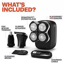 Freebird FlexSeries Pro Electric Head & Body Shaver - Mens Cordless Rechargeable Wet/Dry Skull Bald Head Back & Groin Waterproof Razor with Rotary Blades, Clippers, Nose Trimmer, Brush, Massager