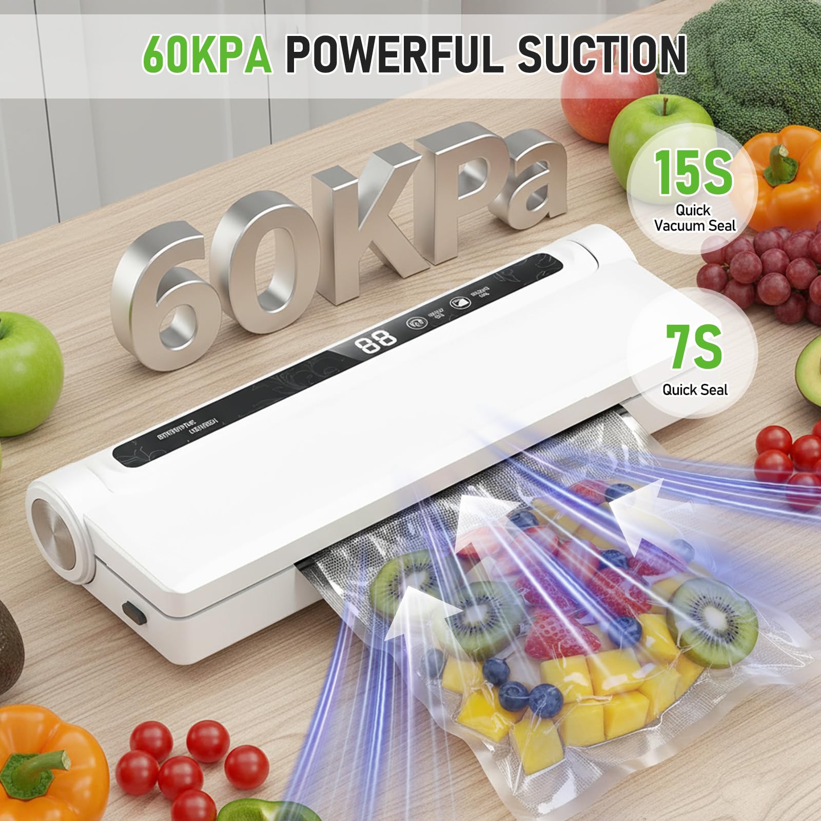 Machine Sous Vide Alimentaire, Avec 20 Sacs Sous Vide, Appareils de Mise Sous Vide Multifonction 2 en 1, Avec Mode Humide et sec pour Stockage de Fruits, Légumes, Pain, Viande, Aspiration de 60 kPa