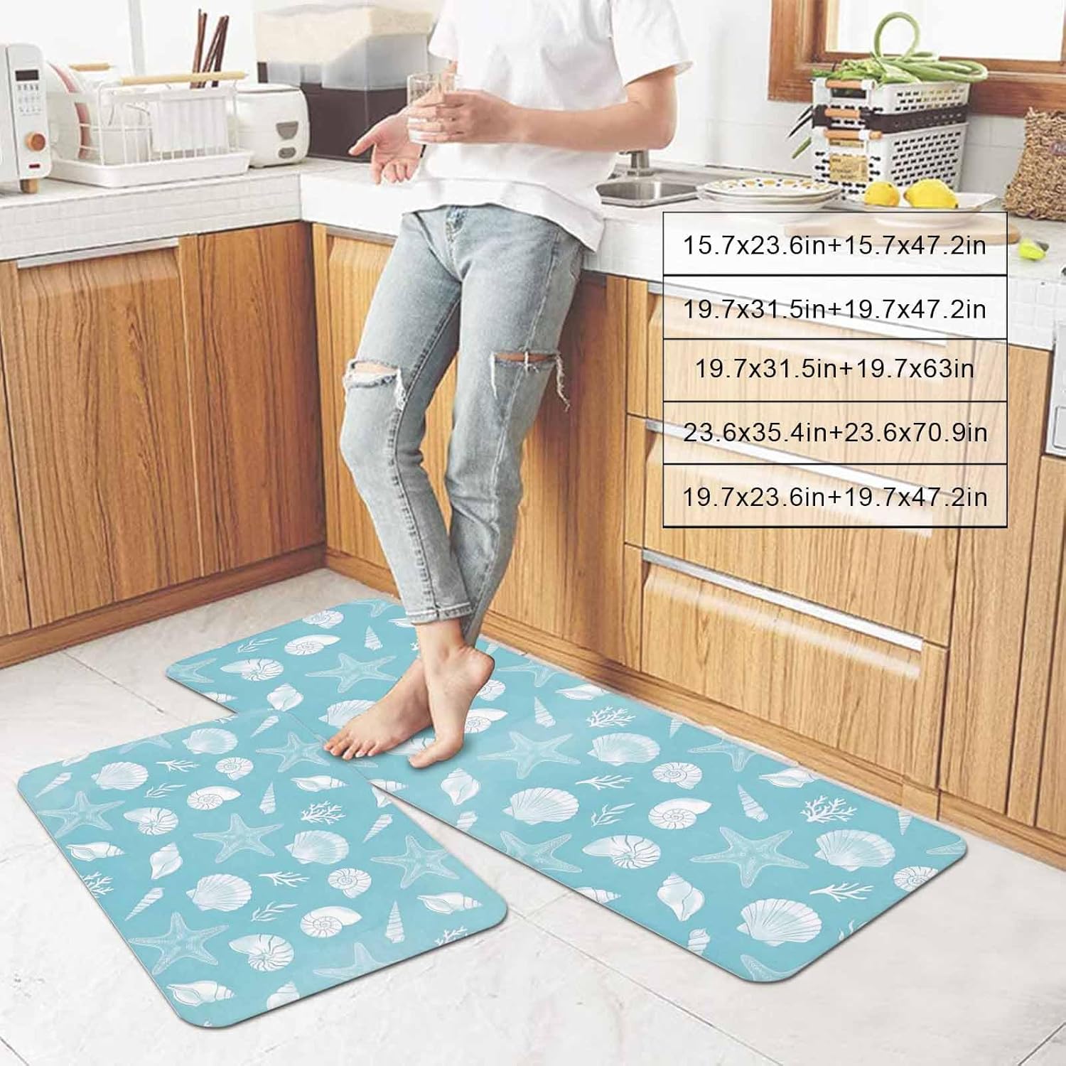 Prime Leader Marine Life Kitchen Mat Set 2 Pieces White Starfish Shell Conch Coral Gradient Blue Non Slip Kitchen Rugs Washable Runner Rug Mats for Floor Sink Laundry Office 19.7" x 31.5"+19.7" x 63"