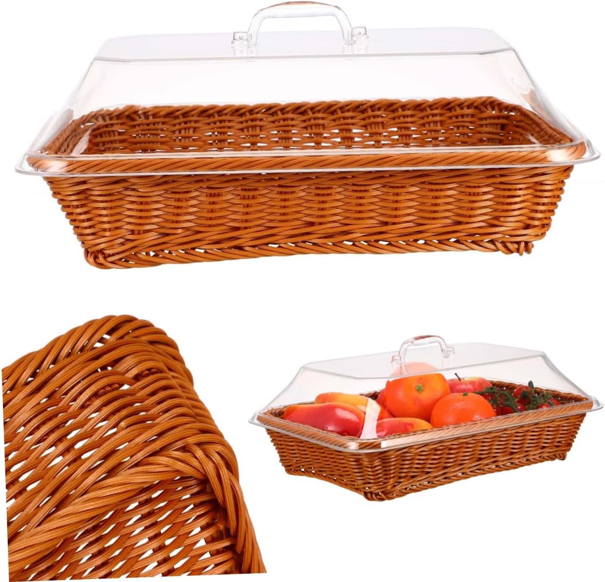 Imitation Rattan Bread Basket with Lid Woven Storage Container for Bread Fruits Snacks for Kitchen Restaurant Picnic Resistant and Practical Serving Tray