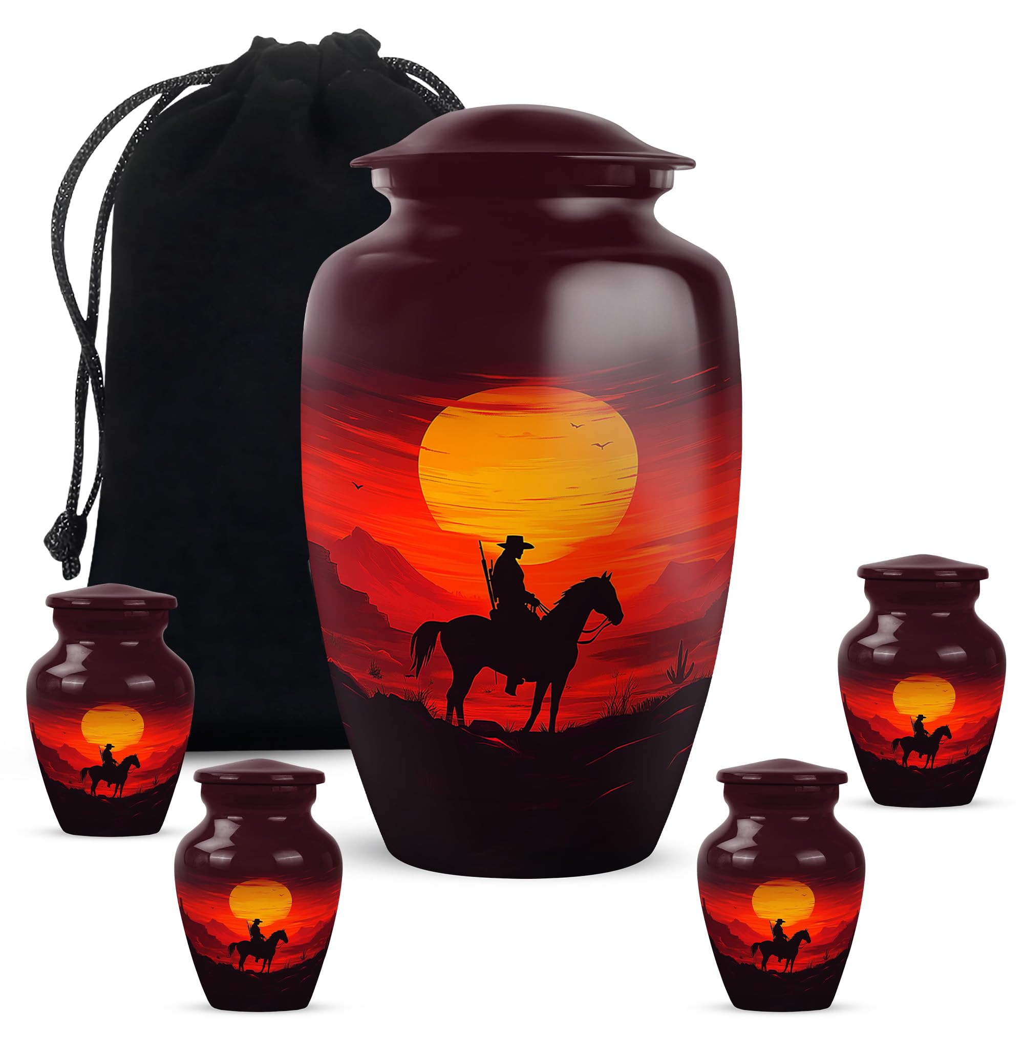 Cowboy Urn - Large &amp; Small Urn for Ashes Adult Male - Funeral Urns for Adult Ashes Women - Tiny Urns for Human Ashes - Urn for Ashes for Women (Combo - 10" &amp; 3", 5 Pcs)