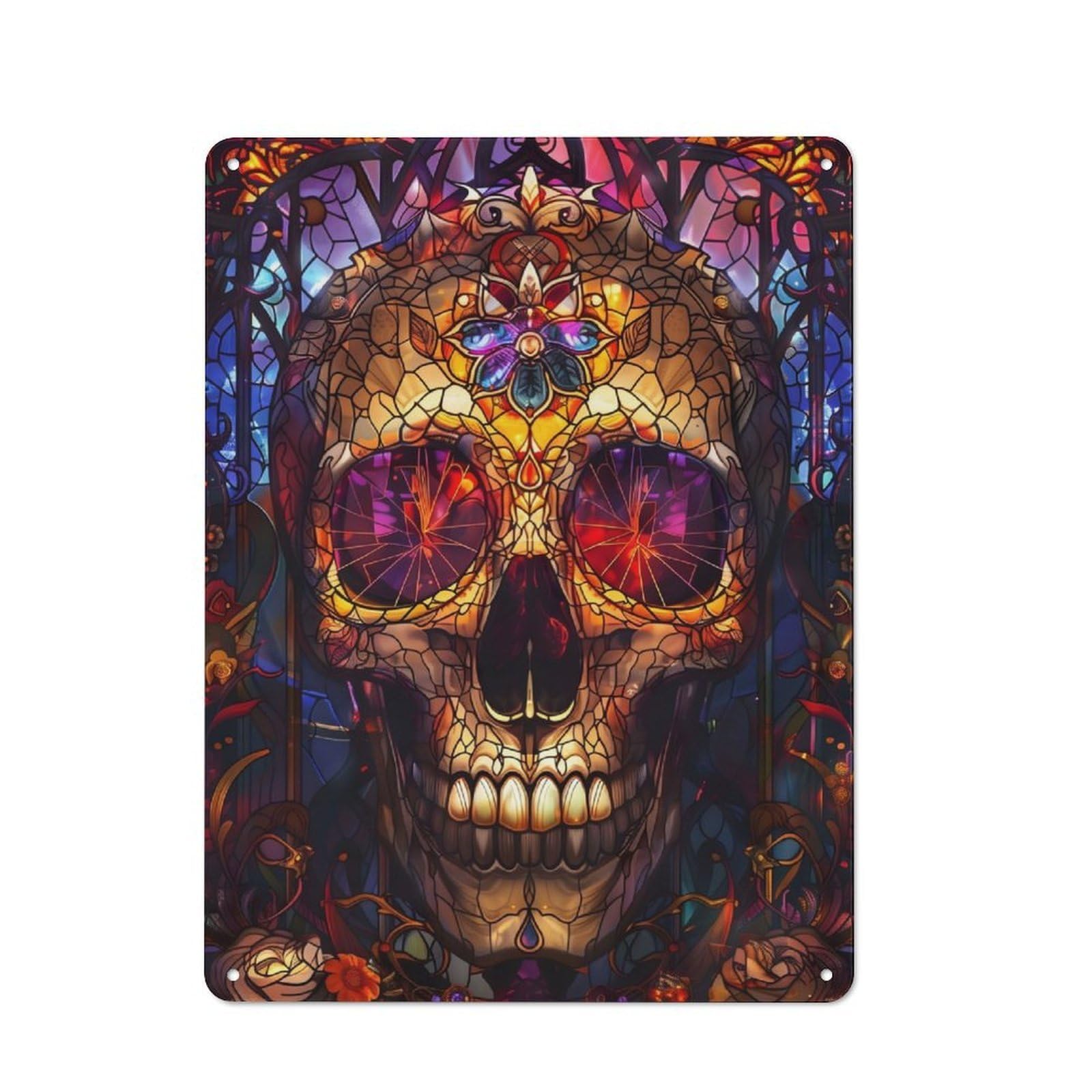 Junmoney Skull Stained Glass Tin Wall Plaque 40X30cm With For Pub Or Café, For Collectors Of Retro Metal Wall Decor
