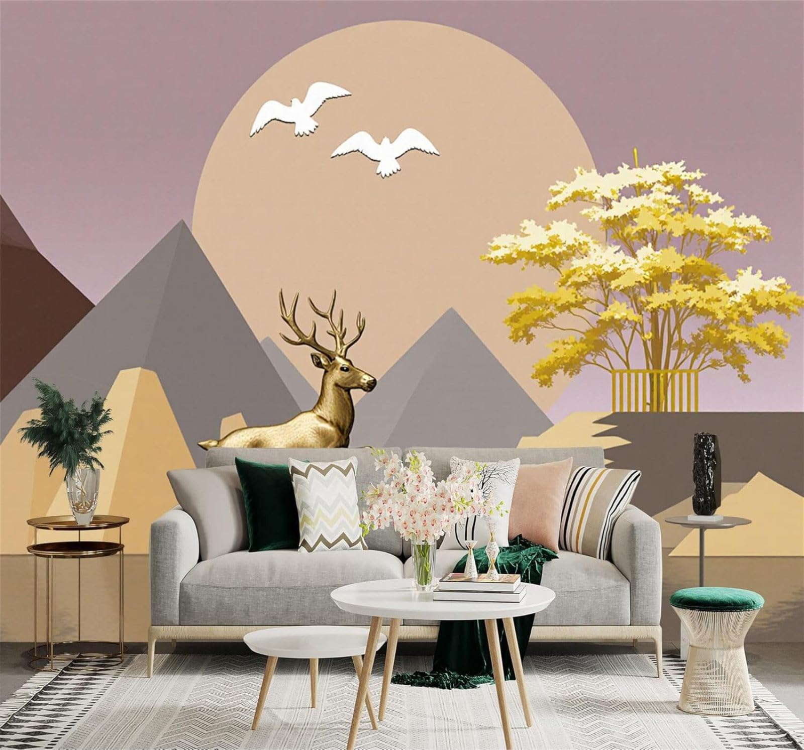 Xlming 400Cm×280Cm(B×H) Golden Deer By The Lake Mountains Birds In Flight Sunlight Yellow Trees 3D Wallpaper Premium Textured Silk Study Dining Living Room Bedroom Sofa Tv Wall Easy Install-400Cm×280Cm