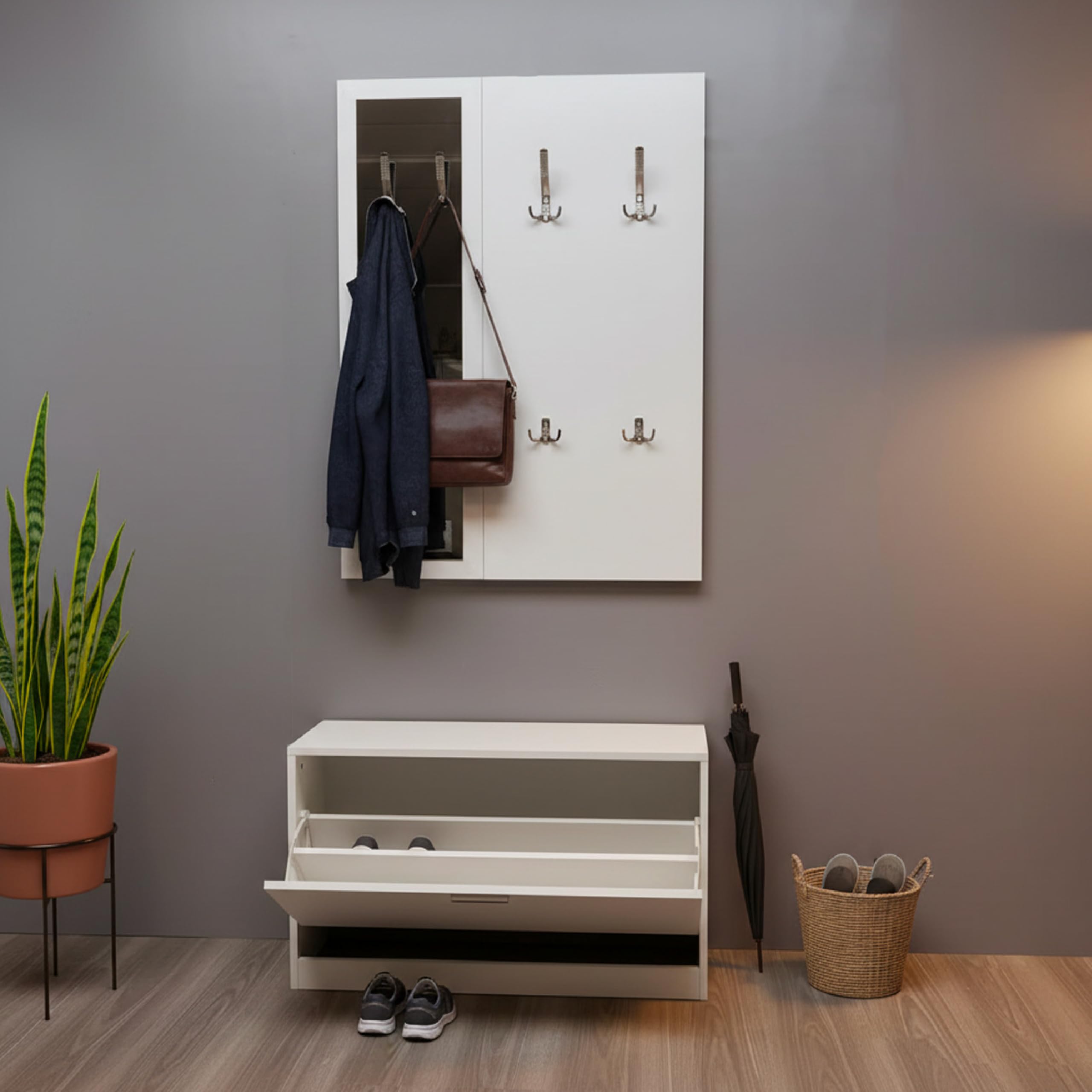 Baroni Home Mobile Bianco Ingresso 3 Pezzi con Scarpiera, Appendiabiti a Muro 4 Ganci e Specchio, Panca Porta Scarpe, Set Modulare Salvaspazio, 27x80x147cm