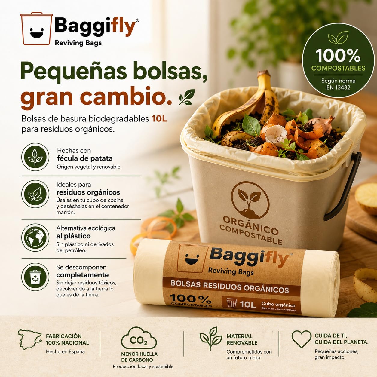 Baggifly, Bolsas de Basura Biodegradables 10L, 400 Bolsas Basura Compostables, ECO Friendly, Cubos Pequeños y Residuos Orgánicos, Pack 20 x 20, Fabricado en España