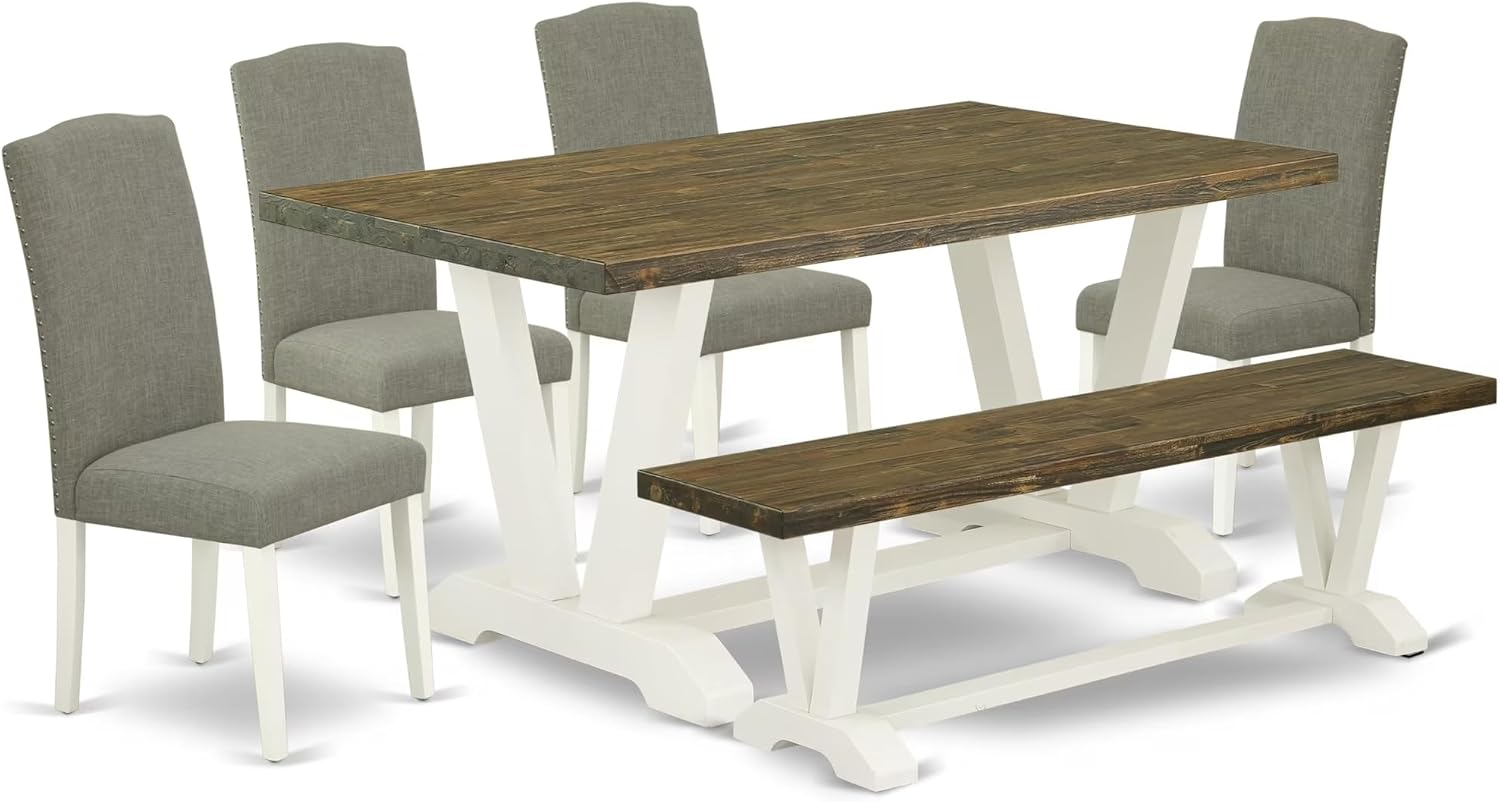 East West Furniture V076EN206-6 6 Piece Kitchen Table Set Contains a Rectangle Dining Table with V-Legs and 4 Dark Shitake Linen Fabric Parson Chairs with a Bench, 36x60 Inch, Multi-Color