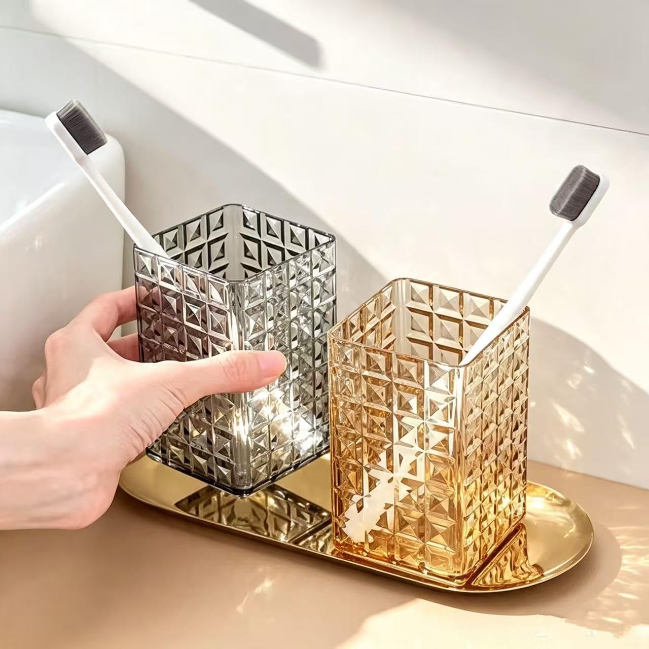 Acrylic Toothbrush Holder, Clear Diamond Faceted Bathroom Cup (Light Amber)
