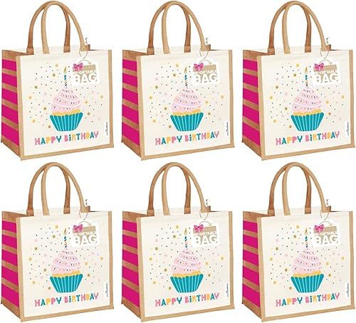 Miniatura 1 de Paquete de 6 bolsas grandes de arpillera de yute, ecológicas, asas de algodón, reutilizables y biodegradables, bolsas de regalo de golosinas, bolsas