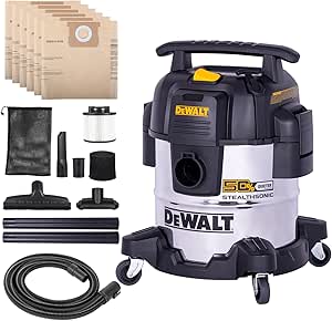 DEWALT 5 Gallon Stealthsonic Wet and Dry Shop Vacuum, 4 HP, Stainless Steel, Ultra-Quiet