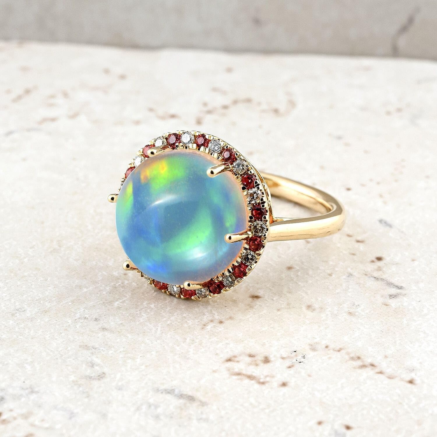 LUXORO AAA Opal 14K Yellow Gold Bridal Anniversary Halo Ring for Women Jewelry Birthday Christmas Gifts Ct 6.03 G-H Color I2 Clarity