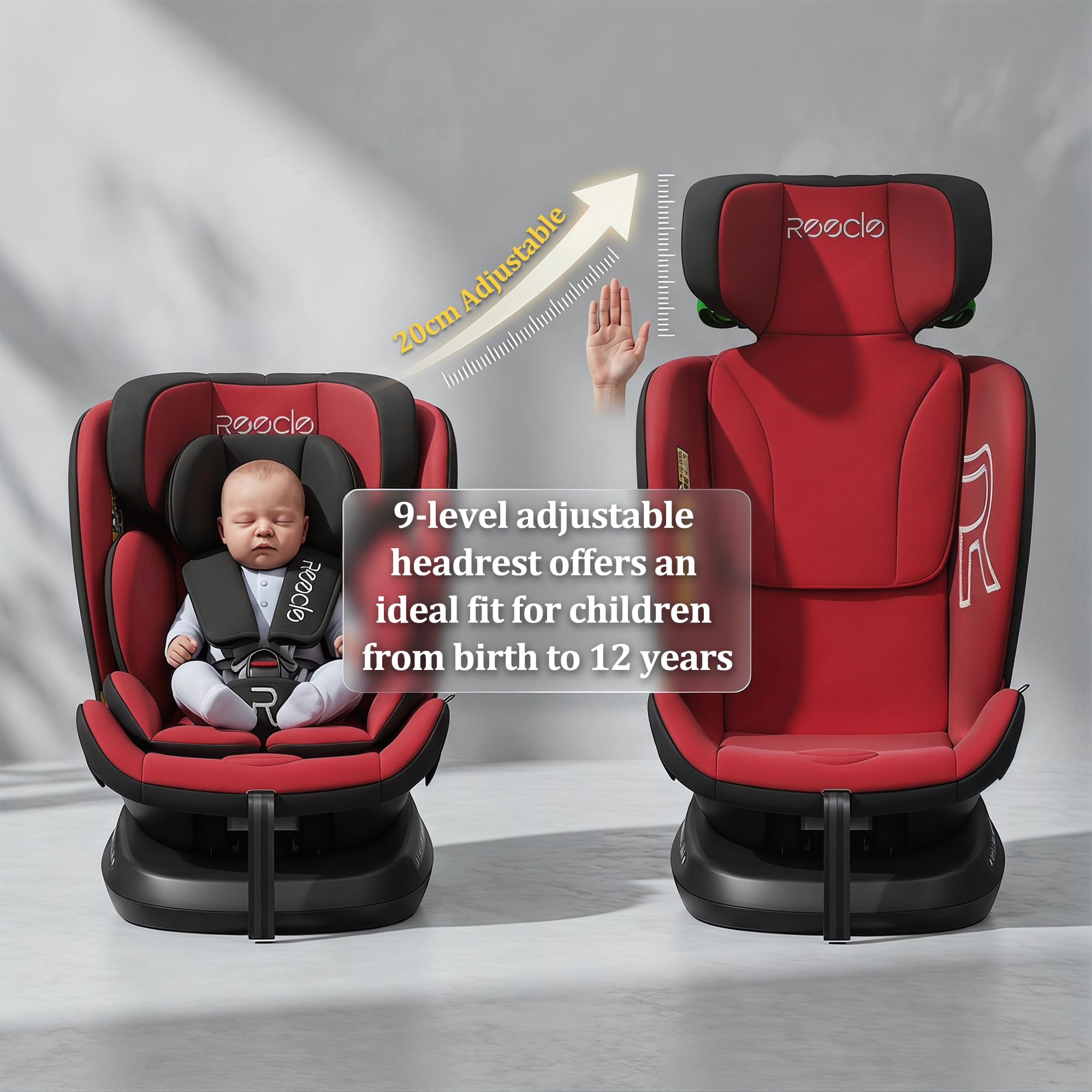 Reecle Fotelik dziecięcy 360 i-Size, fotelik samochodowy 40-150 cm, obracany o 360 stopni, 0-12 lat, fotelik samochodowy z ISOFIX (czerwony)