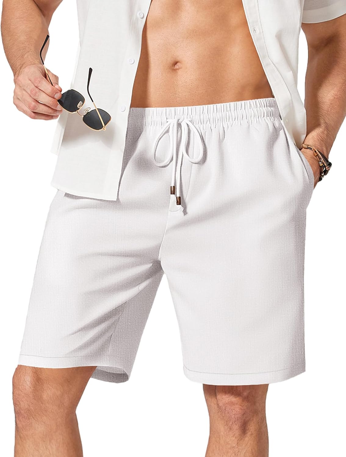 COOFANDY Men's Linen Shorts 9" Casual Summer Beach Shorts Elastic Waist Drawstring Vacation Short with Pockets