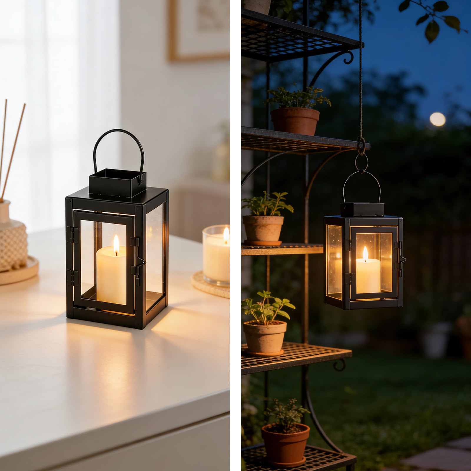 3 lanterne per esterni, 10 x 16,5 cm, lanterne per candele, lanterne da giardino, lanterne da giardino per portacandele, piccola lanterna in metallo per tavolo da caffè, caminetto (nero)