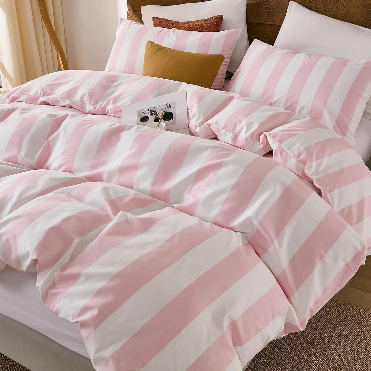 Merryword Pink and White Striped Comforter Set King Size, 100% Cotton Reversible Comforter Set 3 Pcs, Luxury Linen Like Bedding, Soft Breathable Lightweight Comforter for All Seasons