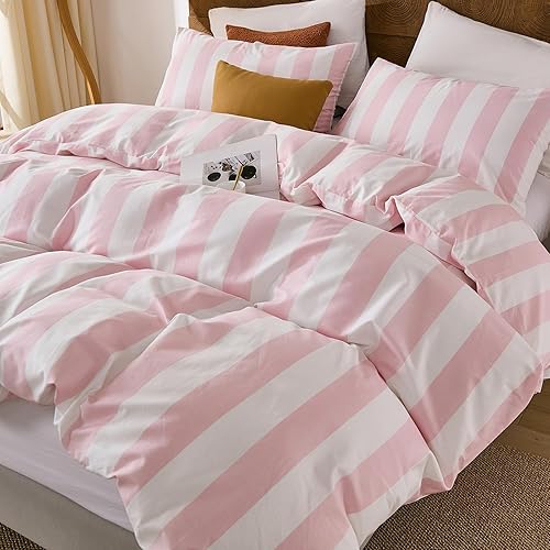 Merryword Pink and White Striped Comforter Set King Size, 100% Cotton Reversible Comforter Set 3 Pcs, Luxury Linen Like Bedding, Soft Breathable Lightweight Comforter for All Seasons