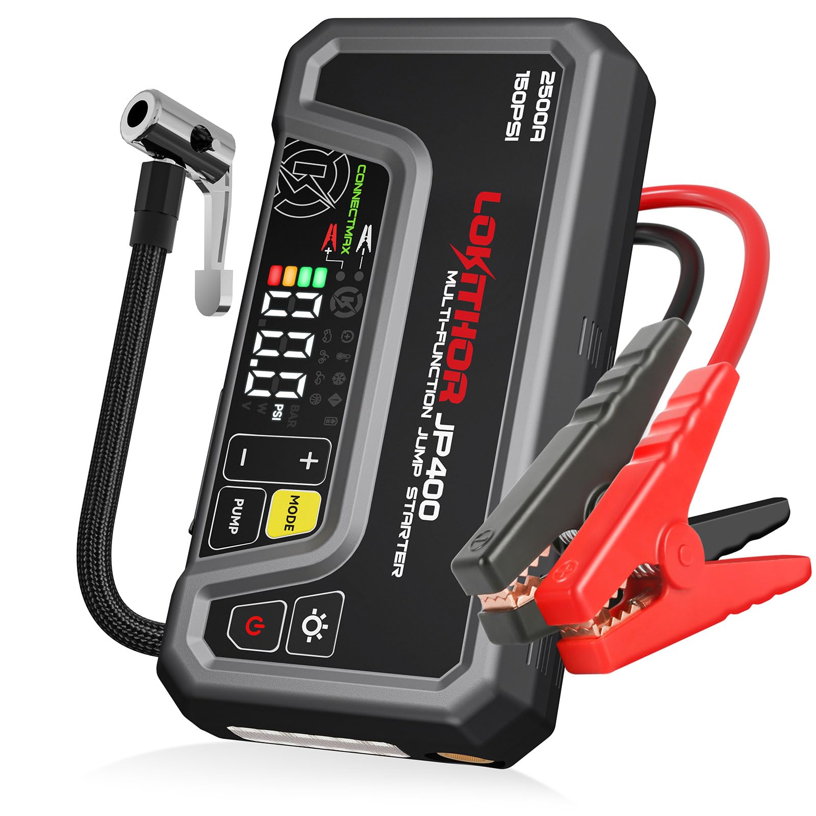 LOKITHOR JP400 Starthilfe Powerbank mit Kompressor, 2500A 12V Jump Starter tragbar für Pkw bis 8,5L Benzin / 6,5L Diesel, 150PSI Reifenfüller mit Auto-Stopp & ConnectMax Technologie