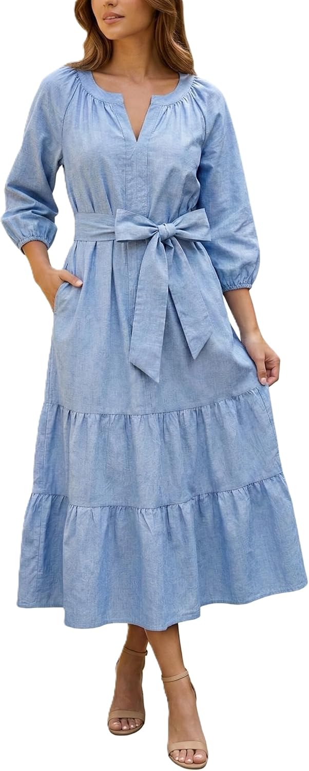 Women's Casual Linen V-Neck Puff Sleeve Belted Tiered Maxi Dress with Pockets