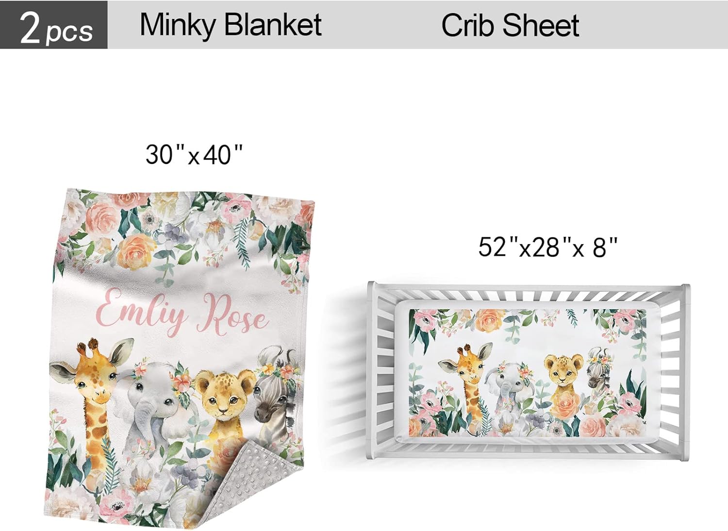 Personalized Crib Bedding Set for Baby Girls, Custom Floral Animals Baby Crib Bedding Set with Name, 2 Piece Nursery Bedding, Name Crib Comforter Crib Fitted Sheets for Newborn Babies