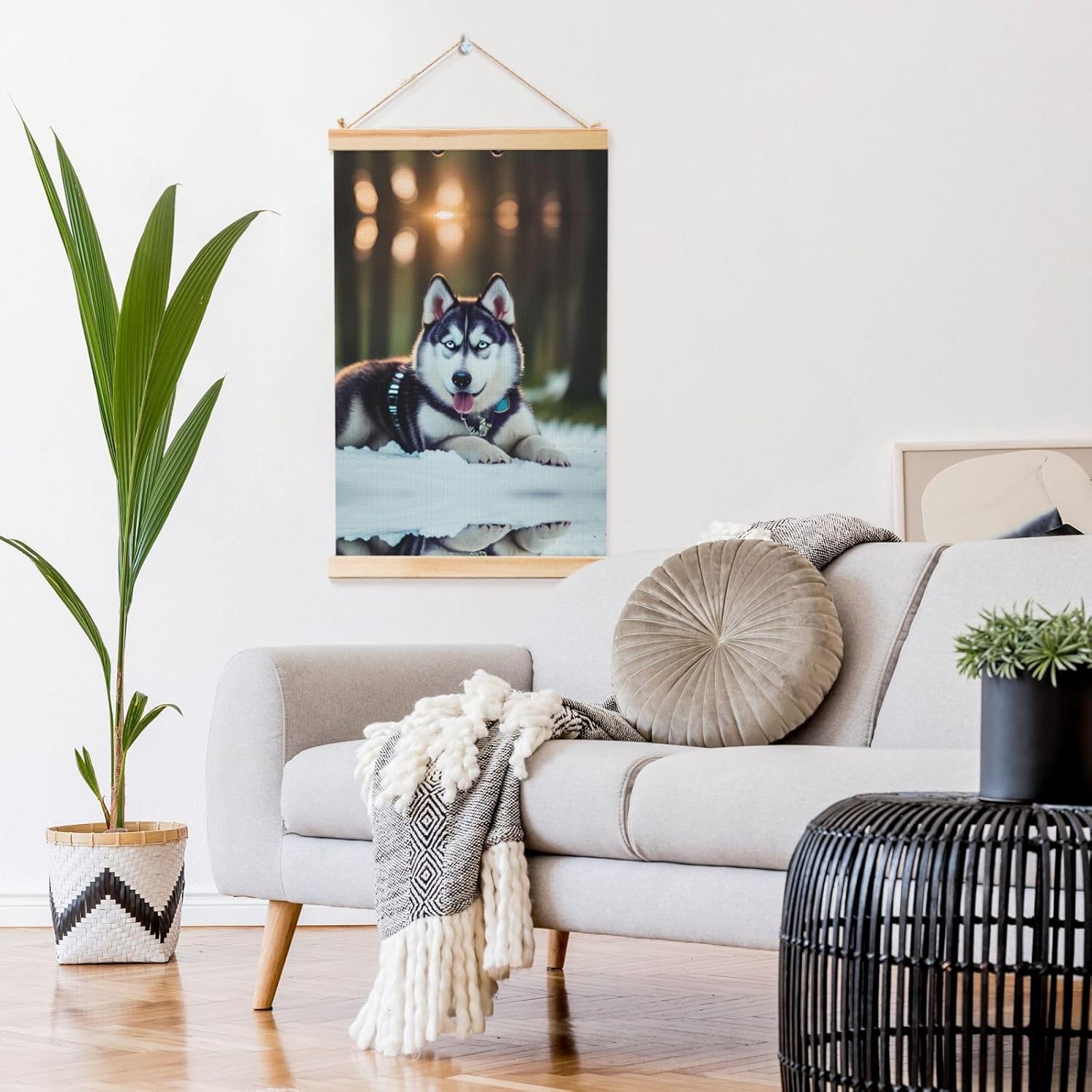 Husky Dog Print Poster Hanger,Hanging Poster, Poster Frame,Wood Poster Hanger, For Wall Hanging