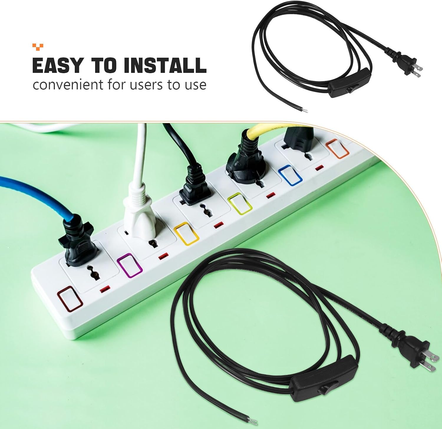 303 Switch Power Cord with Flat Plug for Air Conditioner and Lamp, 1.8m Electrical Cable with Safety Switch, PVC and Copper Material for Indoor and Outdoor Use