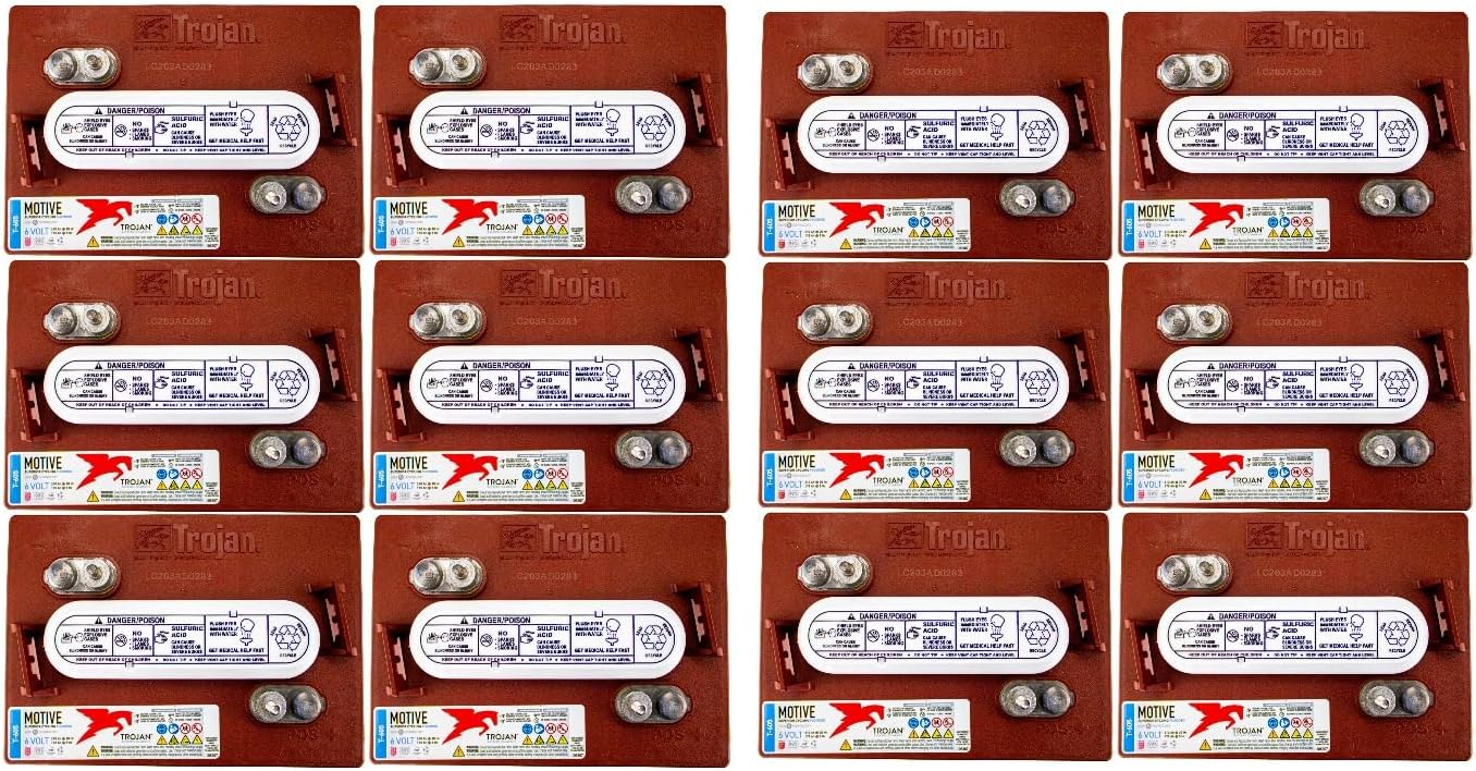 Trojan T-605 6V Deep-Cycle Flooded Battery, 210Ah, Golf Cart, Renewable Energy, Floor Scrubber, Industrial Use (Pack of 12)