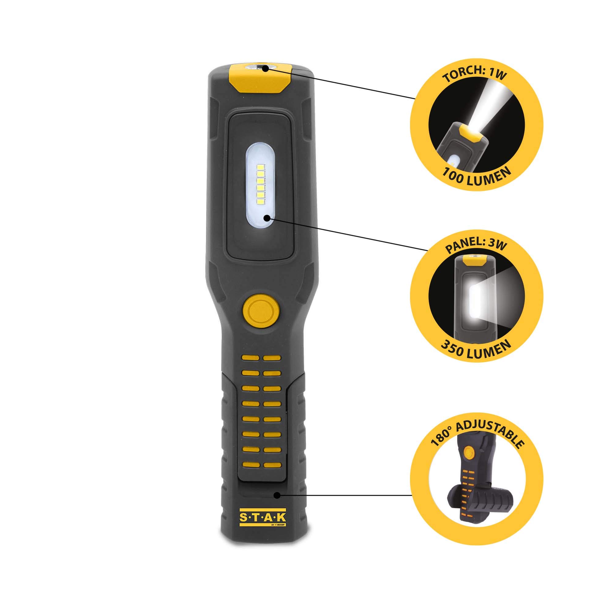 ALAMO: Worklight + torcia ricaricabile LED con ganci e calamita. Base orientabile.