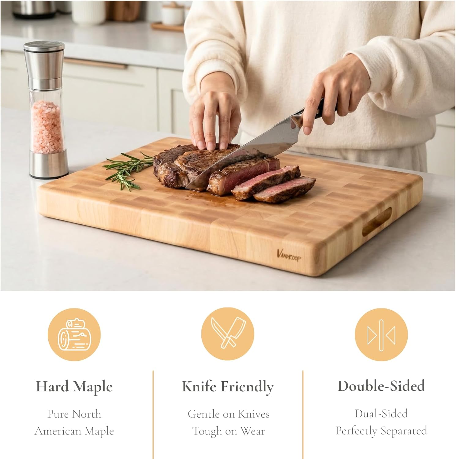 Maple End Grain Wood Cutting Boards for Kitchen - 20x15x2” Rectangle Wooden Maple Butcher Block Kitchen Cutting Board - End-Grain Reversible Chopping Board with Finger Grips