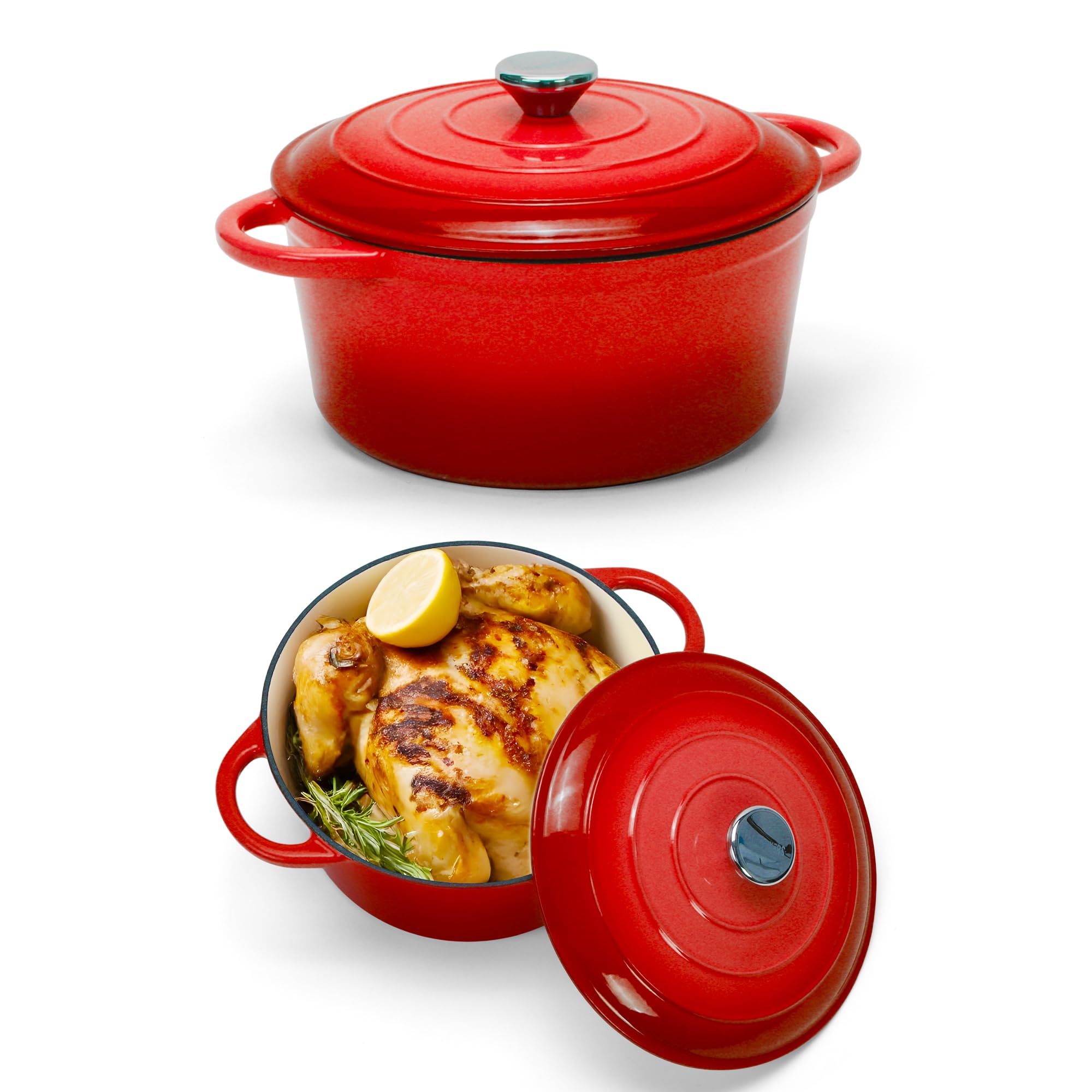 Gusseisen Topf 4L Ø 24cm - Emaillierter Schmortopf mit Deckel, Gusseisen Bräter für Brot backen & Braten, Induktion Dutch Oven, Brotbacktopf Kasserolle Cocotte Rot