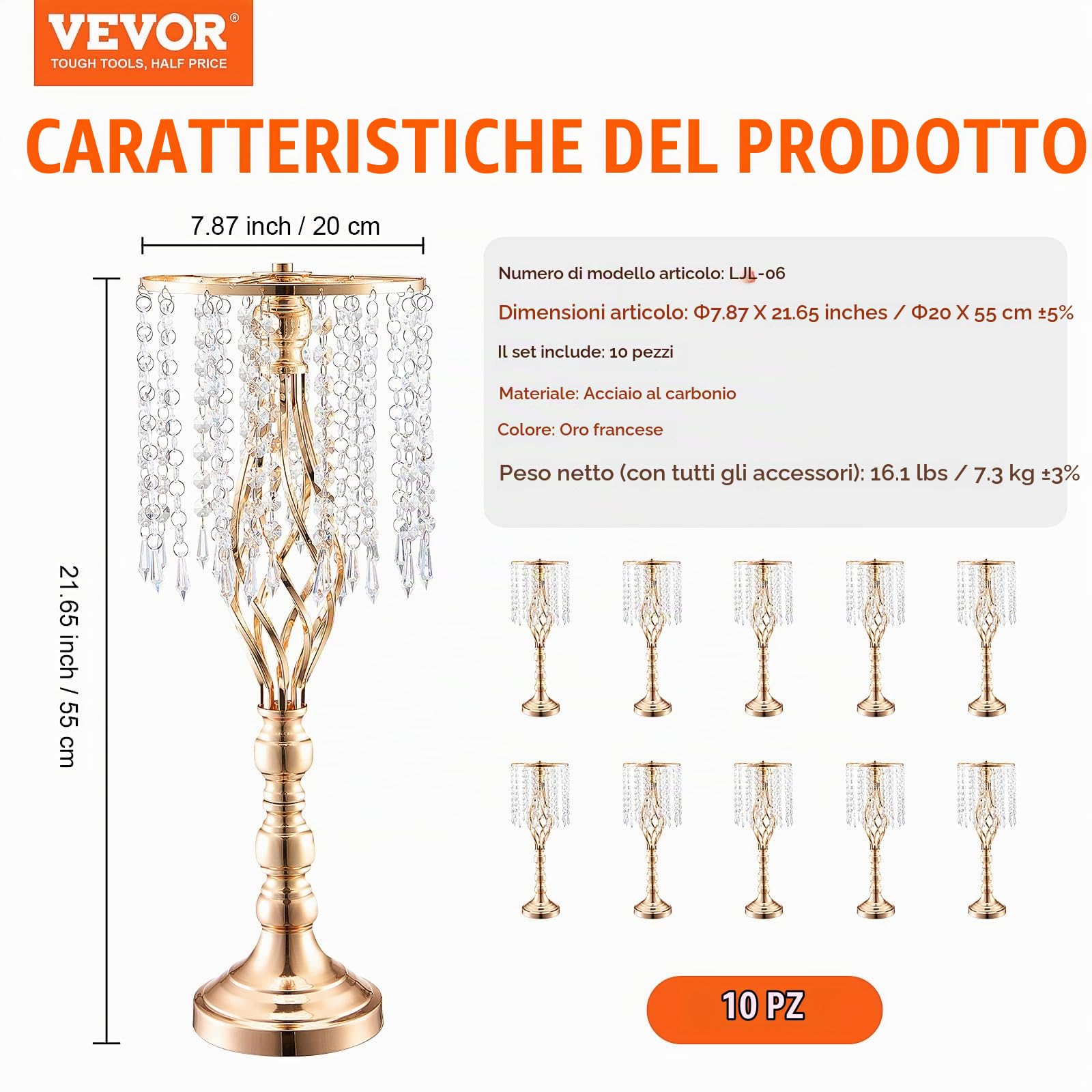 VEVOR Supporto per Fiori da Matrimonio in Cristallo, Alto 55 cm Centrotavola in Metallo per Matrimonio 10 Pezzi, Portafiori Dorati, Espositore Floreale per Tavoli, Cene di Nozze, Cerimonia, Compleanno