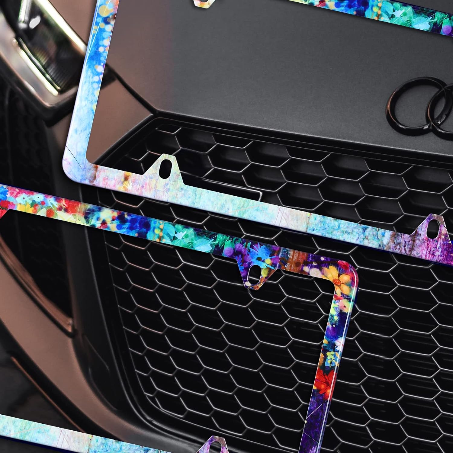 【2Pcs】 Abstract Floral Watercolor Hand Drawn Flowers License Plate Frame Stainless Steel Car License Plate Frame Accessory Car Plate Frame Decor for US Canada Vehicle Standard Size