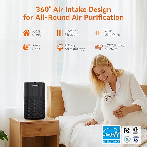 Miniatura 2 de AIRROMI Purificador de aire para mascotas para alergias en el hogar, hasta 660 pies . Filtro de carbón activado desodorizante HEPA, con esponja de