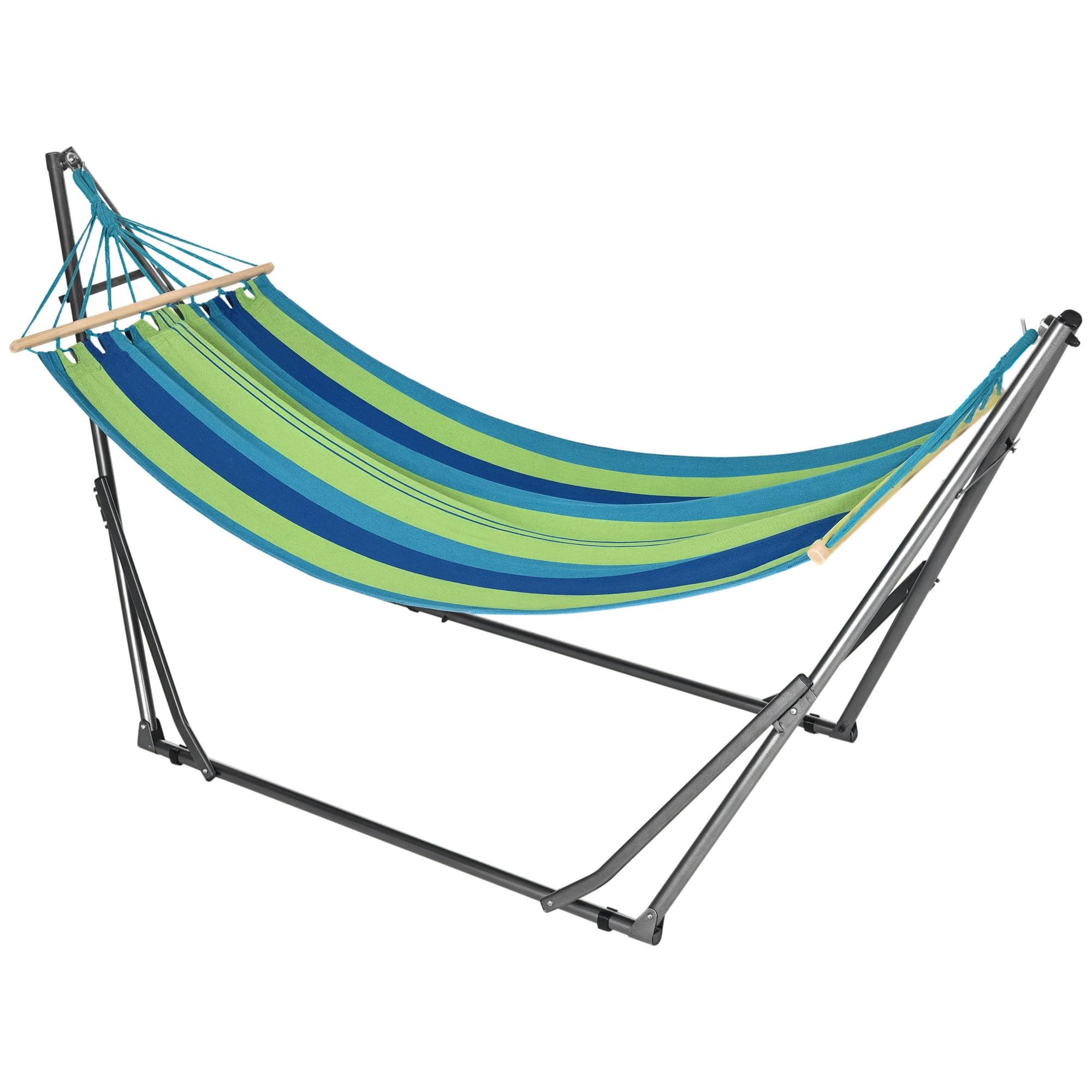Outsunny Hamaca con Soporte Plegable 2 en 1, Tendedero con Barra, Estructura de Acero, Hamaca de Camping Portátil de Algodón, Carga 120 kg, para Jardín, Patio, Terraza, 270x100x94 cm, Azul y Verde