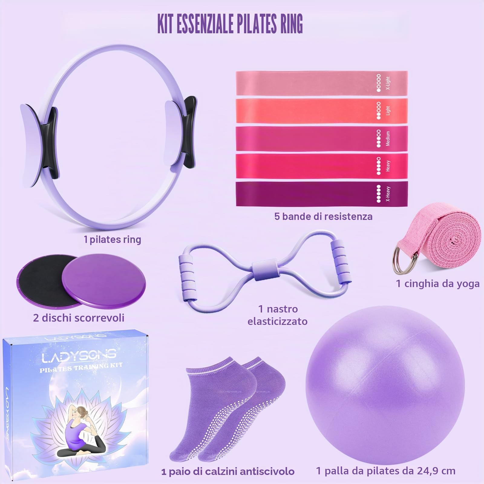 Set di anelli da pilates – Pilates Essential Kit con 32 cm Magic Circle, Pilates Ball, Pilates Bänder, Sliding Disks & Training Poster ecc., Attrezzature per il fitness per la casa, accessori