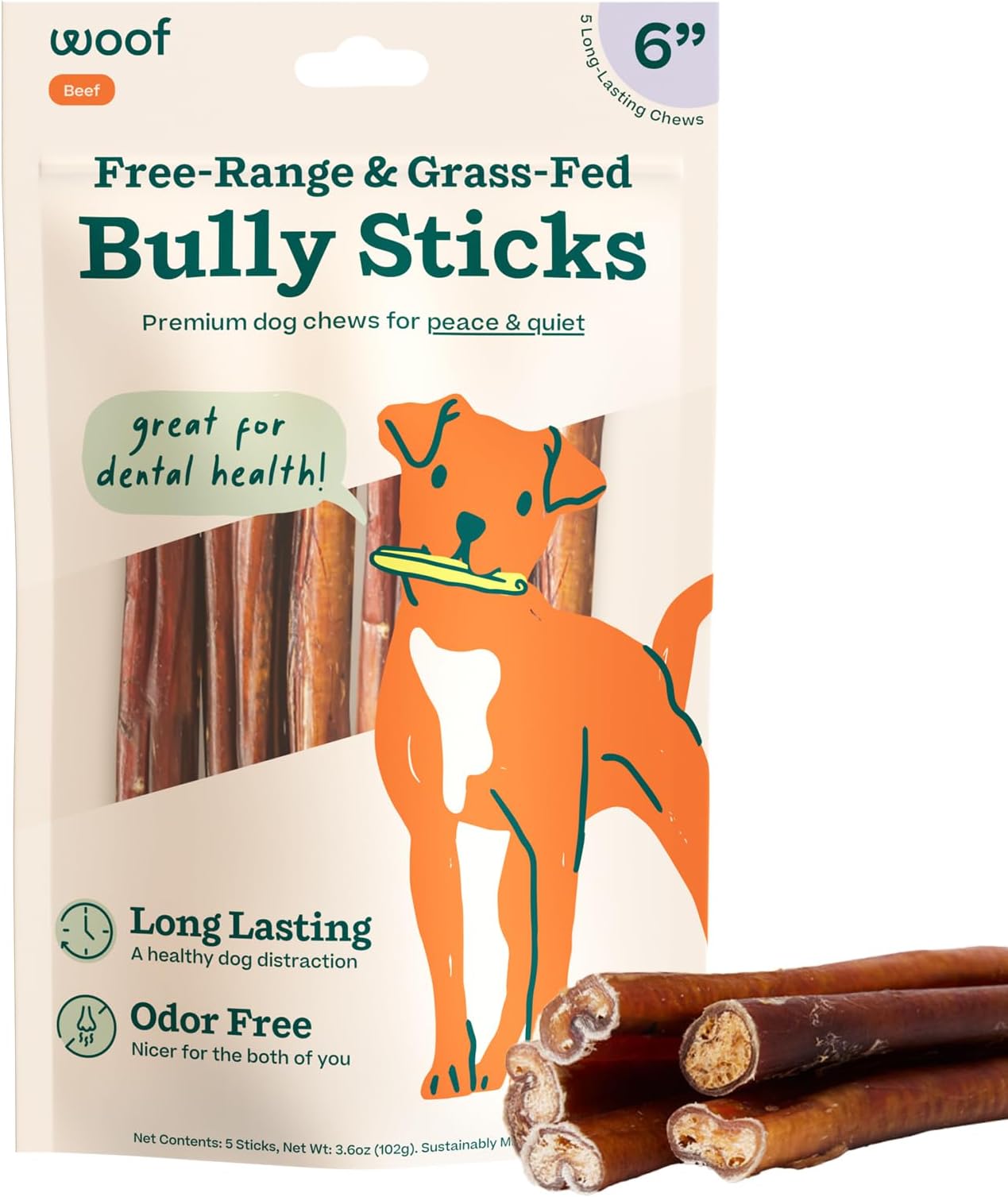 WOOF Bully Sticks Dog Treats - Chew Sticks for Dogs - Long-Lasting Dog Chew Treats - Dog Products Made with Free-Range, Grass-Fed Beef - 6" Sticks - 5pk