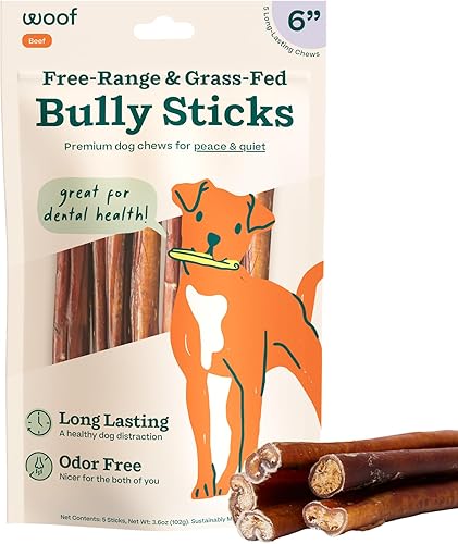 WOOF Bully Sticks Golosinas para Perros - Palitos Masticables para Perros - Golosinas Masticables para Perros de Larga Duración - Hechos con Carne