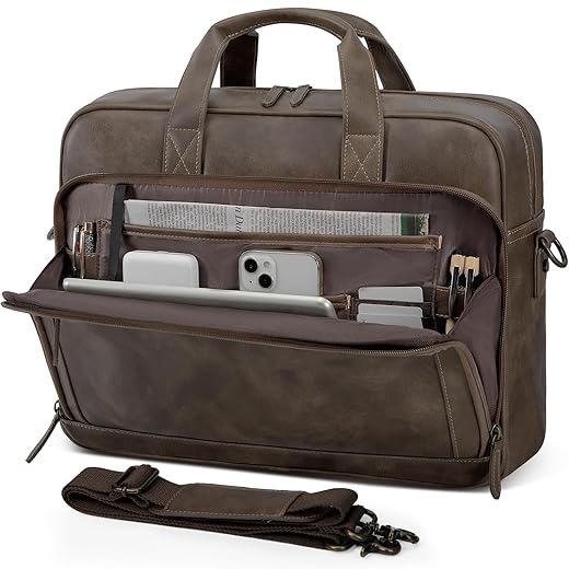 RAINSMORE Mens Laptop Bag 16 Inch Leather Briefcase Vintage Messenger Bag for Men Large Crossbody Shoulder Office Computer Bag Retro College Satchel Bag for Work, Business,Travel, Wood