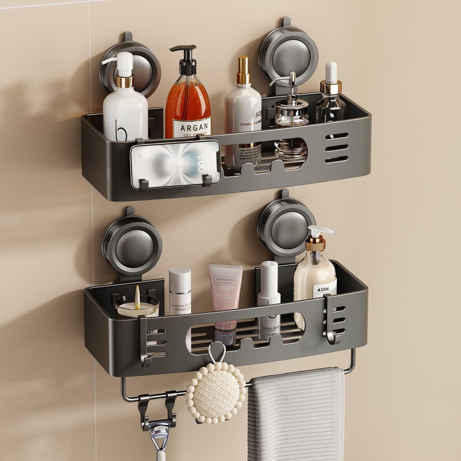 Voldra Shower Caddy Suction Cup, Shower Shelves for Inside Shower No Drilling, Aluminum Suction Showers Organizer for Wall with Towel Bar & Hooks Removable Bathroom Storage Rack(2 Pack-Gray)