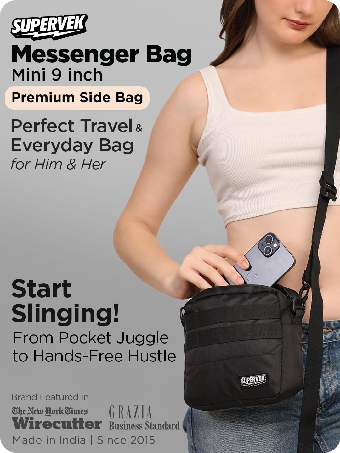 SUPERVEK Messenger Bag for Men Women - Durable Molle Tactical Webbing - Crossbody Shoulder Organizer Messanger Bags - Minimalist Compact Streetwear Urban Travel - Unisex Mens Sling Bag (Black) | Tactical Straps, Water-Resistant, Removable Straps, Fast AdjustableStrap - Image 2