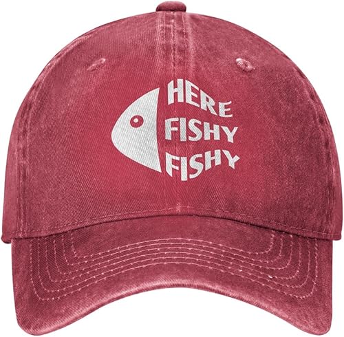 Sombrero de pesca divertido aquí Fishy Fishy Fishy Cap para hombres Sombreros de béisbol Sombreros de moda, Rojo -