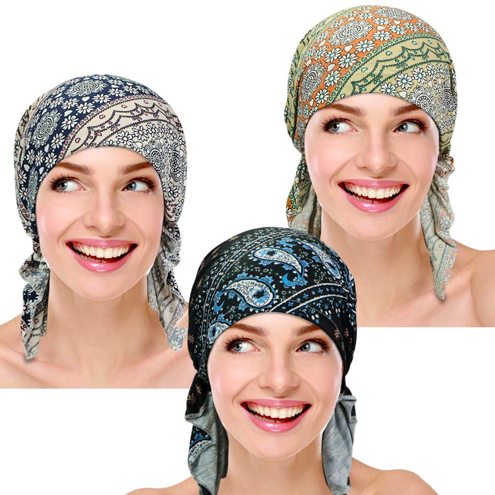 3 Pieces Women Chemo Hat Turban Beanie, Pre-Tied Headwraps Headwear Bandana for Hair Loss