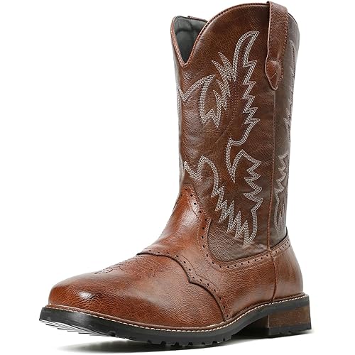femflame Cowboy Boots For Men Square Toe Leather Western Boots Classic Embroidered Durable Slip Resistant Chunky Heel Pull On Distressed Work Boots