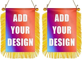 Double sided - Custom Fringy Window Hanging Flag Banner - Design Print Your Own Logo/Picture/Photo/Text Customized Mini Flag For Car Rearview Mirror Décor Flags Banner with Suction Cup 2 Pack (3x5 Inch)