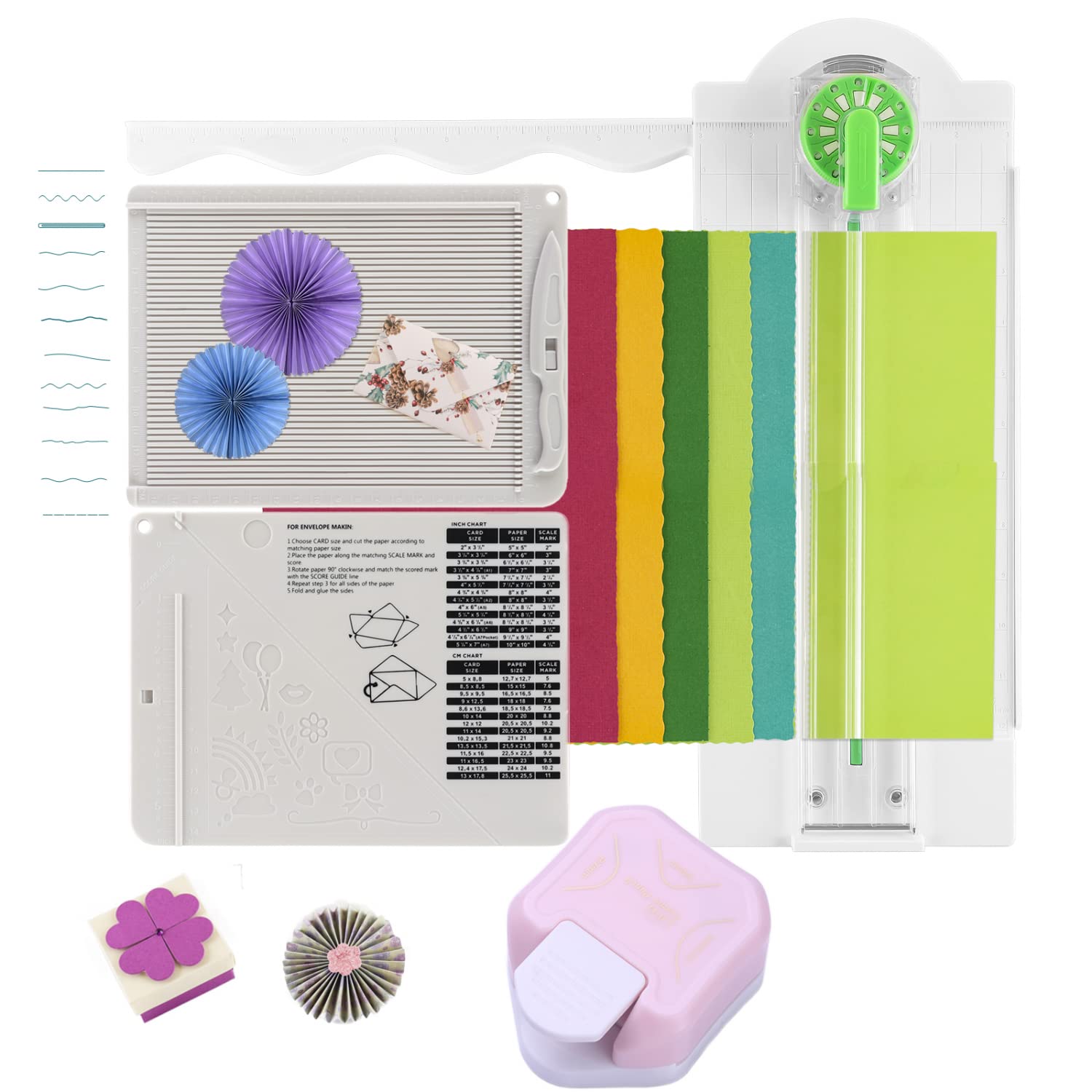 Juego de 3 recortadoras de papel para manualidades, 12 formas en 1 con mini tablero de puntuación y perforadora de papel 3 en 1 de esquina para hacer álbumes de recortes, hacer sobres, cupones y fotos
