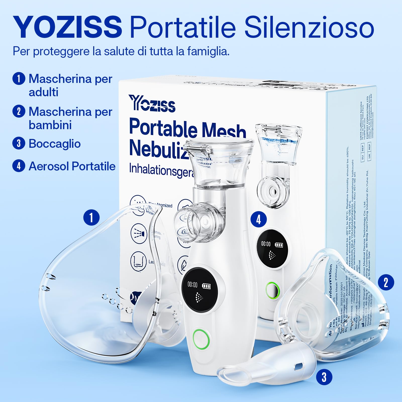 aerosol portatile silenzioso, Ultrasuoni macchina aerosol adulti e Bambini con 2 Maschere e Boccaglio, Aerosol Bambini Portatile per Viaggi e Uso Domestico