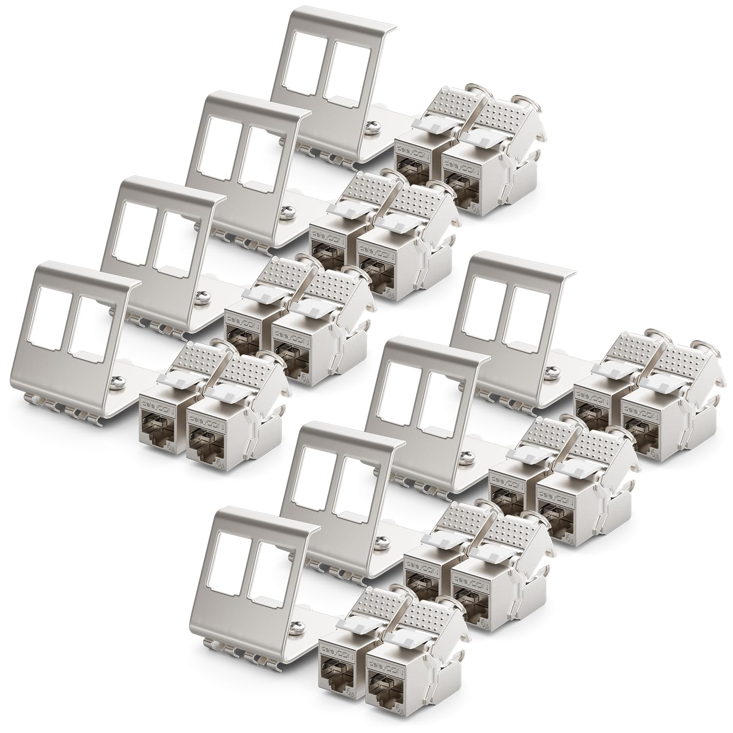 deleyCON 8x CAT6a Modulo Jack Keystone con 8x Adattatore 2 Porta per Barra DIN Come Set Schermatura in Metallo STP Presa RJ45 Rete 10 Gbit/s Montaggio a Scatto per Barre da 35mm